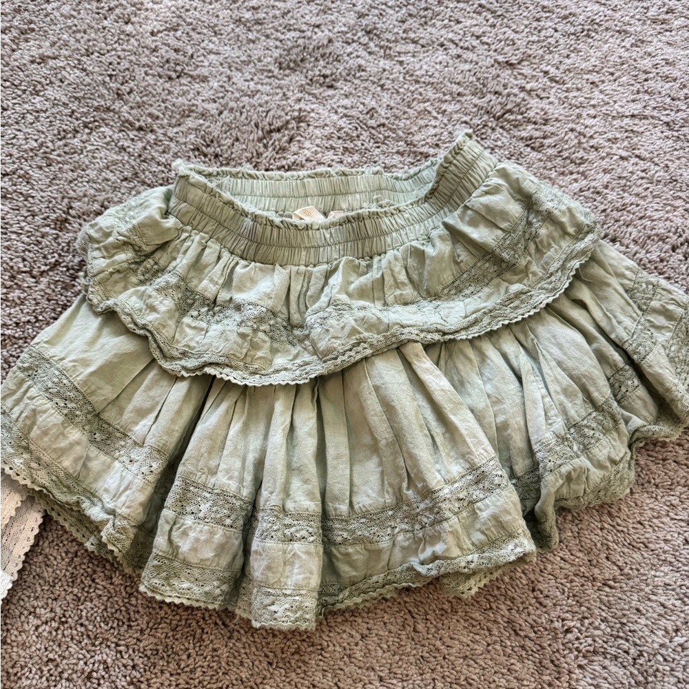LoveShackFancy Green Bubble Mini Skirt with Ruffled Tiers